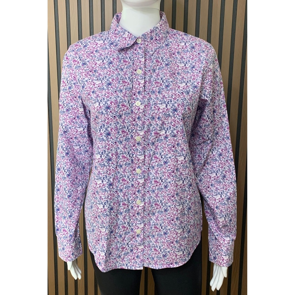 LL Bean Wrinkle Resist Shirt Women's XS Purple Blue Floral Cotton Button Down